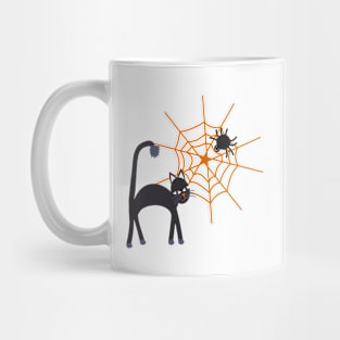 Spookily cute cats, spiders and cobwebs for Halloween in bold orange and darkest charcoal Mug